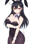  1girl :o ahoge animal_ears arm_grab arm_support bare_shoulders between_legs black_hair black_legwear black_leotard blush bowtie breast_hold breasts brown_eyes bunny_girl bunny_tail bunnysuit cleavage coffeedog collarbone commentary cowboy_shot detached_collar eyebrows eyebrows_visible_through_hair fake_animal_ears female groin hair_between_eyes hand_between_legs highres kantai_collection large_breasts leotard long_hair looking_at_viewer neck open_mouth pantyhose rabbit_ears shy simple_background solo strapless strapless_leotard tail ushio_(kantai_collection) white_background wrist_cuffs 