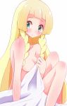 1girl bangs blanket blonde_hair blunt_bangs blush braid breasts cleavage covering covering_nipples enelis green_eyes lillie_(pokemon) long_hair medium_breasts naked_sheet nude nude_cover pokemon pokemon_(game) pokemon_sm solo tearing_up twin_braids white_background 
