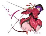  1girl 2016 barefoot bowl bowl_hat covered_mouth dated eyebrows eyebrows_visible_through_hair frilled_skirt frills full_body hat japanese_clothes kimono miracle_mallet needle obi over_shoulder purple_hair red_eyes red_kimono sash shishi_osamu short_hair skirt solo sukuna_shinmyoumaru touhou weapon weapon_over_shoulder white_background white_skirt wide_sleeves 