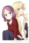  2girls absurdres back-to-back blonde_hair blue_eyes eyebrows highres long_hair looking_at_viewer multiple_girls new_game! open_mouth purple_hair short_hair simple_background smile tokunou_shoutarou tooyama_rin white_background yagami_kou 