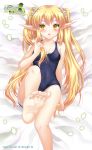  &gt;:o 1girl :o bangs bare_arms bare_shoulders barefoot blonde_hair blush breasts cleavage collarbone copyright_request covered_navel elf feet from_above highres long_hair looking_away lying official_art on_back one-piece_swimsuit original petals pointy_ears riyun_(halodark) sidelocks small_breasts soles solo swimsuit tears toes twintails very_long_hair yellow_eyes 