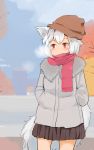 1girl alternate_costume animal_ears beanie breath coat hands_in_pockets hat highres inubashiri_momiji scarf sinzan sketch skirt solo tail touhou winter_clothes winter_coat wolf_ears wolf_tail 