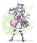  1girl alternate_costume black_hair blake_belladonna bow cat_tail cyan_(show_by_rock!!) cyan_(show_by_rock!!)_(cosplay) frilled_skirt frills gothic_lolita guitar hair_bow highres iesupa instrument lolita_fashion rwby show_by_rock!! skirt solo tail yellow_eyes 