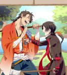  2boys ^_^ armor brown_hair closed_eyes earrings japanese_armor japanese_clothes jewelry kashuu_kiyomitsu male_focus mole mole_under_mouth multiple_boys mutsu-no-kami_yoshiyuki nail_polish open_mouth pointing ponytail red_nails sarashi scarf seigaiha smile sode sword t_k_g touken_ranbu weapon wooden_sword 