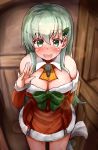  1girl :d absurdres ascot blurry blush breasts cleavage commentary_request depth_of_field detached_sleeves dress green_eyes green_hair hair_ornament hairclip highres kantai_collection long_hair looking_at_viewer okitsugu open_mouth red_dress revision sack santa_costume smile solo suzuya_(kantai_collection) sweat waving wavy_mouth 