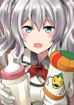  1girl :d blue_eyes bottle cameo crossover curly_hair epaulettes gloves highres holding kamelie kantai_collection kashima_(kantai_collection) looking_at_viewer milk_bottle okaasan_to_issho open_mouth pacifier silver_hair smile solo spoo twintails white_gloves 