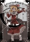  1girl ;) black_eyes black_ribbon blonde_hair closed_mouth dress e.o. elly full_body gate glint hat hat_ribbon highres holding holding_weapon long_sleeves looking_at_viewer neck_ribbon one_eye_closed over_shoulder red_dress red_ribbon ribbon scythe short_hair smile solo standing touhou touhou_(pc-98) weapon weapon_over_shoulder white_hat 
