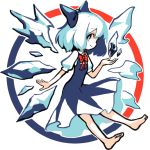  1girl barefoot blue_eyes blue_hair bow bowtie cirno dress full_body hair_bow hexed ice ice_wings looking_at_viewer puffy_short_sleeves puffy_sleeves short_sleeves touhou white_background wings 