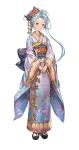  1girl blue_eyes blue_hair detached_sleeves floral_print full_body granblue_fantasy hair_bun hair_ornament hands_together japanese_clothes kimono lyria_(granblue_fantasy) minaba_hideo obi sandals sash simple_background solo standing tabi white_background wide_sleeves 
