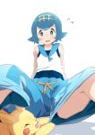  1girl bare_arms blue_eyes blue_hair blue_pants blush bright_pupils covered_navel flying_sweatdrops hairband open_mouth pants pikachu pokemon pokemon_(game) pokemon_sm short_hair sitting sleeveless solo spread_legs suiren_(pokemon) swimsuit swimsuit_under_clothes tadano_omake wavy_mouth 