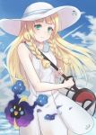  1girl bag bangs blonde_hair blue_sky blunt_bangs blush braid cosmog cowboy_shot dress green_eyes handbag hat lillie_(pokemon) long_hair pokemon pokemon_(creature) pokemon_(game) pokemon_sm razaria sky sleeveless sleeveless_dress smile sun_hat twin_braids white_dress white_hat 