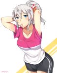  1girl absurdres adjusting_hair alternate_costume alternate_hairstyle arms_behind_head bike_shorts blue_eyes casual collarbone commentary contemporary highres kantai_collection kashima_(kantai_collection) mouth_hold ponytail revision shirt silver_hair solo t-shirt tying_hair wangphing 
