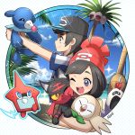  1boy 1girl alolan_exeggutor beach bird black_hair blue_eyes cat female_protagonist_(pokemon_sm) hat lapras litten_(pokemon) male_protagonist_(pokemon_sm) naokado open_mouth pokemon pokemon_(creature) pokemon_(game) pokemon_sm popplio rotom rowlet sandygast seal short_hair smile sparkle 