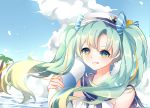  1girl blue_hair bow chuor_(chuochuoi) day grin hair_bow hat hatsune_miku heart heart-shaped_pupils long_hair outdoors palm_tree sky smile solo striped striped_bow symbol-shaped_pupils tree twintails upper_body vocaloid 