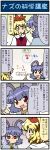  2girls 4koma animal_ears blonde_hair closed_eyes comic commentary diagram hair_ornament highres index_finger_raised long_sleeves mouse_ears multiple_girls nazrin open_mouth purple_hair red_eyes shawl short_hair smile sweat toramaru_shou touhou translated yellow_eyes 
