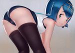  10s 1girl ass bent_over black_legwear blue_eyes blue_hair blue_swimsuit child from_behind hairband hideousbeing looking_at_viewer looking_back nintendo pokemon pokemon_(game) pokemon_sm school_swimsuit short_hair smile suiren_(pokemon) swimsuit swimsuit_under_clothes thigh-highs 
