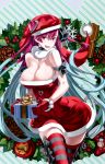  1girl apple bare_shoulders blush box breasts candy candy_cane cleavage cowboy_shot food fruit fur_trim gift gift_box gloves hat heart highres honjou_raita large_breasts long_hair mistletoe multicolored_hair official_art open_mouth pinecone pink_hair red_eyes ribbon riela_marcellis santa_costume santa_hat senjou_no_valkyria senjou_no_valkyria_3 silver_hair smile snowman solo striped striped_legwear thigh-highs very_long_hair wreath 