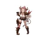  1girl :d black_gloves blue_eyes boots brown_boots doraf full_body gloves granblue_fantasy horns jewelry karuba_(granblue_fantasy) minaba_hideo necklace official_art open_mouth pink_hair pink_legwear pointy_ears short_hair short_shorts shorts simple_background single_elbow_glove single_thighhigh smile solo thigh-highs transparent_background 