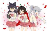  3girls black_hair blake_belladonna blue_eyes bow cape clover four-leaf_clover glasses grey_eyes grey_hair grimm hair_bow iesupa multiple_girls nichijou parody petals ruby_rose rwby scar school_uniform weiss_schnee yellow_eyes 