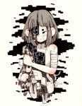  1girl arm_wrap bandage bandaged_arm bandaid_on_cheek bangs bare_shoulders blush cable closed_mouth commentary crisalys cyborg female highres holding_arm monochrome original short_eyebrows short_hair solo spot_color upper_body white_background 