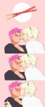  2girls blonde_hair blue_eyes blush collarbone comic commentary_request food green_eyes highres kiss mercy_(overwatch) multiple_girls overwatch pink_hair pocky pocky_day pocky_kiss ponytail shared_food short_hair silent_comic snapagi sweat yuri zarya_(overwatch) 