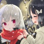  2girls ^_^ adjusting_another&#039;s_clothes adjusting_clothes adjusting_scarf ama-tou amano_akari bare_tree black_hair blush bolo_tie breath chestnut_mouth closed_eyes coat cold collar eyelashes fingernails hair_ribbon light_particles long_hair long_sleeves looking_at_another multiple_girls night open_mouth outdoors profile ribbon scarf shiny shiny_hair short_hair silver_hair smile snowing sophie_twilight sweater tonari_no_kyuuketsuki-san tree tsurime winter 