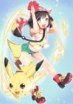  1girl beanie black_hair blue_eyes blush bunny_ears_gesture female_protagonist_(pokemon_sm) hat highres karaage_karara looking_at_viewer open_mouth pikachu pokemon pokemon_(creature) pokemon_(game) pokemon_sm red_hat shirt shoes short_hair short_shorts shorts smile sneakers t-shirt wide_sleeves 