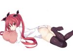  1girl aria_(schwarza97rw0rd) breasts date_a_live food hair_ornament highres itsuka_kotori long_hair looking_at_viewer lying on_stomach pillow red_eyes redhead ribbon solo thigh-highs twintails 