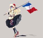  1girl bangs belt beret black_legwear black_skirt blonde_hair blue_eyes blue_hair commandant_teste_(kantai_collection) double-breasted flag french_flag hat kantai_collection loafers long_hair multicolored_hair pleated_skirt pom_pom_(clothes) redhead scarf shadow shoes skirt smile socks streaked_hair swept_bangs unajuu wavy_hair white_hair 