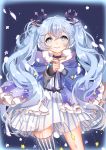  1girl absurdres asymmetrical_legwear black_boots blue_eyes blue_hair boots bow bridal_gauntlets chuor_(chuochuoi) collarbone earmuffs fuyu_no_yoru_miku hair_between_eyes hair_bow hair_ornament hatsune_miku highres long_hair looking_at_viewer smile solo striped striped_legwear thigh-highs twintails vocaloid yuki_miku 