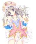  1girl atelier_(series) atelier_totori collarbone detached_sleeves dress eyebrows eyebrows_visible_through_hair flat_chest grey_eyes grey_hair long_hair looking_at_viewer see-through_silhouette simple_background solo totooria_helmold tsurusaki_takahiro white_background 
