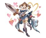  1girl armor armored_boots blue_skirt blush boots breasts brown_eyes brown_hair cleavage full_body fur_trim gauntlets granblue_fantasy heart holding holding_sword holding_weapon idolmaster idolmaster_cinderella_girls knees_together_feet_apart large_breasts minaba_hideo miniskirt navel official_art short_hair simple_background skirt solo sword thigh-highs tiara totoki_airi transparent_background twintails weapon white_legwear 