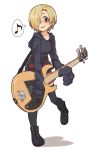  1girl bass_guitar black_legwear black_shoes blonde_hair boots brown_eyes ear_piercing gazacy_(dai) gibson guitar hair_over_one_eye highres hood hoodie idolmaster idolmaster_cinderella_girls instrument long_sleeves music musical_note pantyhose piercing playing_instrument quaver shaded_face shadow shirasaka_koume shoes short_hair simple_background sleeves_past_wrists smirk solo speech_bubble spoken_musical_note white_background 