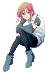  1boy 92_(artist) brown_eyes crossed_arms eyebrows eyebrows_visible_through_hair full_body glasses gowther high_heels highres looking_at_viewer male_focus nanatsu_no_taizai parted_lips pink_hair ribbed_sweater simple_background sitting solo sweater trap white_background 