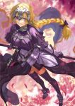  1girl ahoge armor black_bow black_legwear blonde_hair blue_eyes blurry_background bow braid breasts butterfly capelet chains dress fate/apocrypha fate_(series) faulds flag floating_hair from_above gauntlets glowing_butterfly hair_bow headphones holding legs_apart long_hair looking_at_viewer medium_breasts mingou91 motion_blur petals pole reflection ripples ruler_(fate/apocrypha) single_braid solo standing standing_on_liquid thigh-highs very_long_hair water weapon wind 
