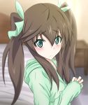  1girl bed brown_hair eyebrows eyebrows_visible_through_hair green_eyes green_ribbon hair_between_eyes hair_ribbon hands_together highres huang_lingyin indoors infinite_stratos long_hair looking_at_viewer ribbon solo twintails upper_body wingheart 