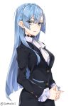  1girl blue_eyes blue_hair collar eyes_visible_through_hair hands_together highres interlocked_fingers jun_project kiznaiver long_hair looking_at_viewer signature simple_background solo sonozaki_noriko uniform white_background 