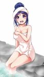  1girl :d blue_hair blush breasts highres large_breasts love_live! love_live!_sunshine!! matsuura_kanan naked_towel onsen open_mouth smile soaking_feet solo towel towel_on_head violet_eyes yopparai_oni 