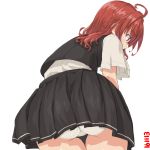  1girl ahoge arashi_(kantai_collection) ass bent_over dd_(ijigendd) from_behind kantai_collection leaning_forward long_hair looking_down messy_hair miniskirt panties pantyshot pantyshot_(standing) pleated_skirt redhead school_uniform short_sleeves skirt solo standing thigh_gap underwear upskirt white_background white_panties 