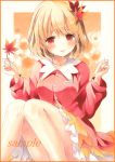  1girl aki_shizuha blonde_hair blush colored_pencil_(medium) convenient_leg frilled_skirt frills gradient gradient_background gradient_skirt hair_ornament hands_up knees_together knees_up leaf leaf_hair_ornament light_smile long_sleeves looking_at_viewer maple_leaf marker_(medium) orange_border parted_lips potto_(minntochan) red_blouse red_eyes sample short_hair sitting skirt solo touhou traditional_media wing_collar 