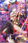  1girl arm_up bangs black_legwear breasts company_name copyright_name crystal dress earrings elbow_gloves gloves glowing grand_sphere holding holding_weapon jewelry kuroi large_breasts legs_crossed long_hair looking_at_viewer official_art purple_hair red_eyes smile solo sparkle staff tattoo thigh-highs torn_clothes torn_thighhighs weapon 