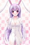  1girl animal_ears black_panties blush breasts cleavage collarbone highres lavender_hair long_hair open_clothes open_mouth panties purple_hair rabbit_ears red_eyes reimei_(r758120518) reisen_udongein_inaba shirt skirt solo touhou underwear very_long_hair 