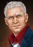  1boy blue_eyes brown_background casual collared_shirt ears eyebrows facial_hair gradient gradient_background highres light_smile looking_at_viewer male_focus nose overwatch portrait realistic scar shirt short_hair soldier:_76_(overwatch) stubble trixia white_hair 