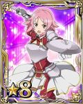  1girl breastplate card_(medium) hair_ornament hairclip holding holding_weapon lisbeth_(sao-alo) looking_at_viewer number open_mouth pink_eyes pink_hair pointy_ears shield short_hair skirt solo star sword_art_online weapon 