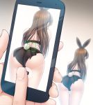  1girl absurdres animal_ears asami_asami ass bare_shoulders bent_over blush bow bra breasts brown_hair cellphone detached_collar fake_animal_ears from_behind highres idolmaster idolmaster_cinderella_girls long_hair midriff nitta_minami panties phone rabbit rabbit_ears simple_background smartphone solo solo_focus taking_picture thigh_gap thighs twitter_username underwear wrist_cuffs 