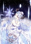  1girl 218 :o armor bare_shoulders blue_rose blurry blush breasts cleavage cross_hair_ornament crystal depth_of_field detached_sleeves doraf dress elbow_gloves eyebrows eyebrows_visible_through_hair eyelashes floating_hair flower from_above from_side fur_trim gem gloves granblue_fantasy hair_between_eyes hair_flower hair_ornament hat horns ice izmir large_breasts light_particles long_dress long_hair looking_at_viewer mole mole_under_mouth own_hands_together pointy_ears rose silver_hair solo very_long_hair white_dress white_gloves white_hat wrist_cuffs 