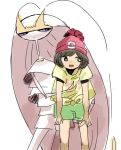  1girl antennae bangs bare_arms beanie black_hair cockroach female_protagonist_(pokemon_sm) floral_print green_shorts hat insect leaning_forward looking_away looking_to_the_side no_nose pheromosa pleo pokemon pokemon_(game) pokemon_sm red_hat short_hair shorts swept_bangs tiara 