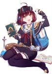  +_+ 1girl :d ahoge atelier_(series) atelier_sophie backpack bag bangs belt_pouch black_bow black_dress black_legwear bob_cut book bookmark bow breasts brown_eyes brown_hair crystal dress erlenmeyer_flask full_body garters glint gloves hair_bow hand_up happy highres holding holding_book jewelry lace-trimmed_bow liquid looking_at_viewer marble medium_breasts necklace open_book open_mouth partly_fingerless_gloves plachta pom_pom_(clothes) red_ribbon ribbon ribbon_trim ryuuno6 scroll short_dress short_hair short_sleeves simple_background sitting smile sophie_neuenmuller tassel thigh-highs wariza white_background wide_sleeves 