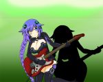  1girl ;) blue_eyes blush braid breasts choujigen_game_neptune cleavage cleavage_cutout female gradient gradient_background green_background guitar hair_ornament instrument large_breasts leotard looking_at_viewer mizukagi_yakuhina musical_instrument neptune_(choujigen_game_neptune) neptune_(series) one_eye_closed purple_hair purple_heart revealing_clothes shadow solo standing symbol-shaped_pupils twin_braids very_long_hair wink 