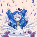  1girl artist_request blue_eyes cake crown demon_tail elsword fang fang_out food hair_ornament hairpin highres hood hooded_jacket hoodie horns jacket long_hair luciela_r._sourcream pointy_ears simple_background solo sparkling_eyes tail twintails white_hair 